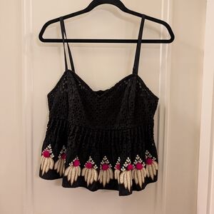 Leifsdottir Black Camisole with Pink and Cream Embroidery